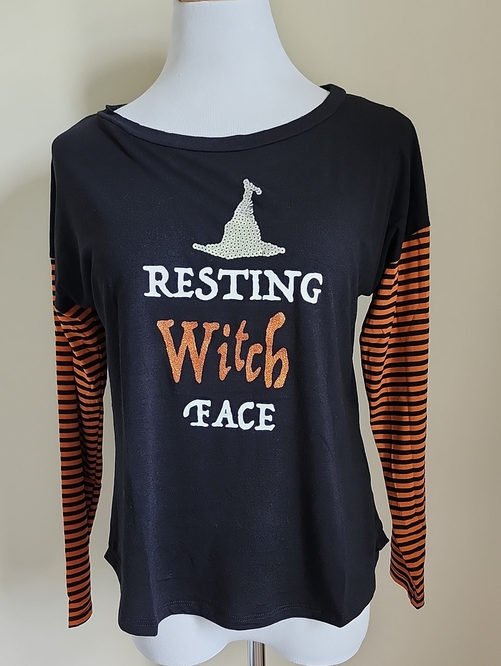 Poof! Black Long Sleeve Halloween Top with Orange Striped Sleeves - Medium